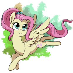 Size: 1080x1085 | Tagged: safe, artist:espeonna, fluttershy, pegasus, pony, g4, abstract background, alternate hairstyle, cute, female, flower, flower in hair, ponytail, shyabetes, smiling, solo