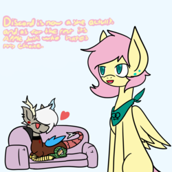 Size: 1000x1000 | Tagged: safe, artist:lesbian-fluttershy, discord, fluttershy, draconequus, pegasus, pony, g4, alternate hairstyle, colored pupils, couch, dialogue, duo, duo female, ear piercing, earring, female, heart, jewelry, lying down, missing cutie mark, piercing, prone, talking to viewer, transgender