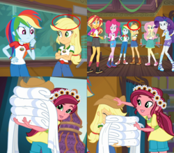 Size: 1640x1440 | Tagged: safe, edit, edited screencap, screencap, applejack, fluttershy, gloriosa daisy, pinkie pie, rainbow dash, rarity, sunset shimmer, equestria girls, g4, legend of everfree, animation error, applejack's hat, ass, balloon, boots, bracelet, butt, camp everfree logo, camp everfree outfits, clothes, converse, cowboy boots, cowboy hat, crossed arms, cup, error, fail, female, flower, flower in hair, freckles, geode of fauna, geode of shielding, geode of sugar bombs, geode of super speed, geode of super strength, hand on hip, hat, heart, humane five, jewelry, magical geodes, mane six, paper towels, raised leg, rear view, shoes, shorts, sneakers, socks, towel, wristband