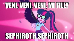 Size: 900x500 | Tagged: safe, edit, edited screencap, screencap, sci-twi, twilight sparkle, equestria girls, g4, my little pony equestria girls: legend of everfree, advent children, camp everfree outfits, caption, clothes, female, final fantasy, final fantasy vii, glasses, image macro, midnight sparkle, one winged angel, sephiroth, shorts, solo, text