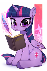Size: 900x1350 | Tagged: dead source, safe, artist:9seconds, twilight sparkle, alicorn, pony, g4, book, cute, female, looking at you, magic, mare, quill, reading, sitting, solo, telekinesis, twiabetes, twilight sparkle (alicorn)