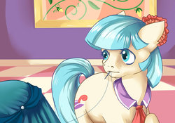 Size: 1024x717 | Tagged: safe, artist:rosewend, coco pommel, earth pony, pony, g4, clothes, dress, female, mouth hold, needle, solo, thread