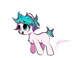 Size: 1599x1198 | Tagged: safe, artist:cysd16, oc, oc only, earth pony, pony, cobalt, colt, green eyes, male, multicolored hair, multicolored mane, multicolored tail, open mouth, pink coat, playful, small, smiling, solo, spiky hair, spiky mane, spiky tail