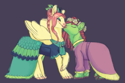 Size: 1262x839 | Tagged: safe, artist:jayrockin, fluttershy, tree hugger, earth pony, pegasus, pony, tiny sapient ungulates, alternate hairstyle, blushing, cheek fluff, cheek kiss, chest fluff, clothes, cute, dress, duo, ear fluff, eyes closed, eyeshadow, female, finger hooves, floral head wreath, flower, flutterhugger, gala dress, gray background, kissing, leg fluff, lesbian, lidded eyes, makeup, mare, neck fluff, open mouth, shipping, shyabetes, simple background, smiling, species swap, whiskers, wide eyes