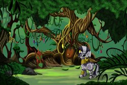 Size: 1024x683 | Tagged: safe, artist:thefinallion, zecora, zebra, g4, everfree forest, female, forest, looking at you, looking back, smiling, solo, tensik, tree, zecora's hut