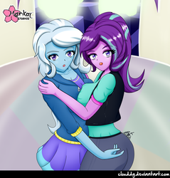 Size: 956x1000 | Tagged: safe, artist:clouddg, starlight glimmer, trixie, equestria girls, g4, ass, breasts, butt, clothes, female, glimmer glutes, hoodie, lesbian, looking at you, open mouth, pants, ship:startrix, shipping, skirt, twilight's castle, vest