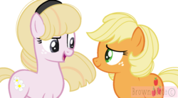 Size: 1024x567 | Tagged: safe, artist:brownmota, applejack, oc, oc:bright star, earth pony, pony, g4, base used, magical lesbian spawn, mother and daughter, offspring, parent:applejack, parent:twilight sparkle, parents:twijack, simple background, transparent background