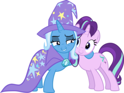 Size: 3970x3000 | Tagged: safe, artist:stjonal, starlight glimmer, trixie, pony, unicorn, g4, to where and back again, .svg available, cape, clothes, cute, female, hat, high res, hug, mare, simple background, transparent background, trixie's cape, trixie's hat, vector