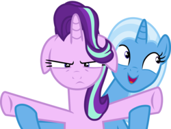 Size: 3975x3000 | Tagged: safe, artist:uponia, starlight glimmer, trixie, pony, unicorn, all bottled up, g4, .svg available, cute, diatrixes, duo, female, floppy ears, high res, mare, open mouth, simple background, starlight glimmer is not amused, transparent background, trixie's puppeteering, unamused, vector