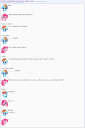 Size: 869x1312 | Tagged: safe, artist:dziadek1990, pinkie pie, rainbow dash, g4, conversation, dialogue, emote story, emotes, pun, reddit, sad, slice of life, text, wordplay