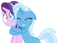 Size: 2519x1878 | Tagged: safe, artist:sketchmcreations, starlight glimmer, trixie, pony, unicorn, all bottled up, g4, cute, duo, eyes closed, female, hape, hug, lip bite, mare, simple background, smiling, squishy cheeks, transparent background, vector