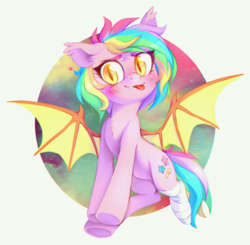 Size: 875x857 | Tagged: safe, artist:ls_skylight, oc, oc only, oc:paper stars, bat pony, pony, amputee, blushing, chest fluff, cute, cute little fangs, ear fluff, fangs, looking at you, solo, tongue out, underhoof