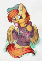 Size: 829x1195 | Tagged: safe, artist:red-watercolor, oc, oc only, oc:firetale, pegasus, pony, clothes, commission, female, hoodie, mare, solo, traditional art, watercolor painting, ych result