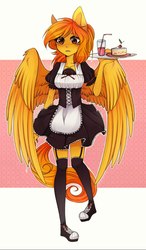 Size: 630x1080 | Tagged: safe, artist:waferwaller, oc, oc only, oc:firetale, pegasus, anthro, anthro oc, apron, blushing, clothes, converse, corset, dress, female, food, garter belt, garters, maid, mare, shoes, solo, stockings, thigh highs, waitress