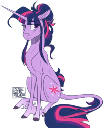 Size: 1021x1243 | Tagged: safe, artist:cranberry--zombie, twilight sparkle, classical unicorn, pony, unicorn, g4, alternate hairstyle, cloven hooves, female, hair bun, horn, leonine tail, simple background, sitting, solo, transparent background, unshorn fetlocks