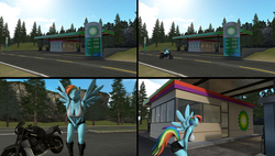 Size: 3861x2187 | Tagged: safe, artist:scalelover, rainbow dash, anthro, comic:bursting rainbow, g4, big breasts, breasts, british petroleum, clothes, female, gas station, high res, huge breasts, motorcycle, need to pee, omorashi, potty dance, potty emergency, potty time, shorts, solo, trotting in place