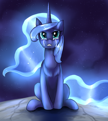 Size: 1314x1480 | Tagged: safe, artist:not-ordinary-pony, princess luna, alicorn, pony, g4, banishment, crying, female, galaxy mane, looking at you, mare, missing accessory, moon, sitting, solo, stars