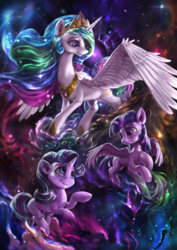 Size: 1080x1525 | Tagged: safe, artist:assasinmonkey, princess celestia, spike, starlight glimmer, twilight sparkle, alicorn, dragon, pony, unicorn, celestial advice, g4, crown, crying, digital painting, female, jewelry, large wings, looking at each other, mare, regalia, space, stars, trio, twilight sparkle (alicorn), when you see it, wings