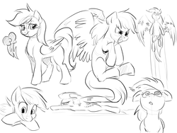 Size: 2048x1536 | Tagged: safe, artist:not-ordinary-pony, rainbow dash, pegasus, pony, g4, crossed hooves, female, flying, grin, looking down, looking up, mare, monochrome, sketch, smiling, solo