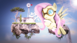 Size: 4000x2250 | Tagged: safe, artist:redaceofspades, fluttershy, dove, pony, g4, 3d, female, floating island, flying, goggles, holding, house, island, poster, solo, source filmmaker, tree, waterfall, windmill