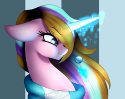 Size: 1897x1500 | Tagged: safe, artist:minelvi, oc, oc only, oc:twinke paint, pony, unicorn, :t, abstract background, bust, candy, clothes, eyebrows, eyebrows visible through hair, eyelashes, female, food, glowing horn, horn, lollipop, magic, mare, portrait, scarf, signature, solo, telekinesis, unicorn oc