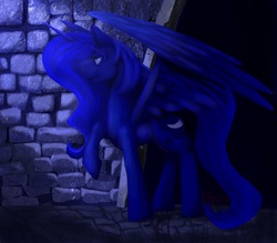 Size: 4000x3500 | Tagged: safe, artist:pthria, princess luna, alicorn, pony, g4, dungeon, female, mare, raised hoof, solo, spread wings