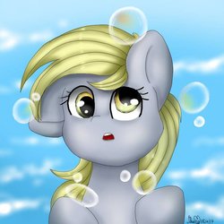 Size: 600x600 | Tagged: safe, artist:c-h-y-a, derpy hooves, pony, g4, :o, bubble, cute, derpabetes, female, open mouth, solo