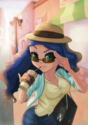Size: 763x1080 | Tagged: safe, artist:the-park, princess luna, human, g4, clothes, coffee, female, humanized, jeans, pants, solo, sunglasses