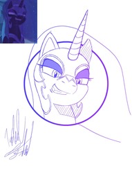 Size: 1070x1400 | Tagged: safe, artist:fuzon-s, nightmare moon, pony, g4, the cutie re-mark, alternate timeline, artflow, bust, female, gradient lineart, grin, nightmare takeover timeline, now that's something i would like to see, portrait, scene interpretation, sketch, smiling, smirk, solo, style emulation, yuji uekawa style