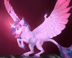 Size: 1024x819 | Tagged: safe, artist:biakela, twilight sparkle, alicorn, classical unicorn, pony, g4, chest fluff, cloven hooves, curved horn, ear fluff, horn, leonine tail, rearing, spread wings, twilight sparkle (alicorn), unshorn fetlocks, wings