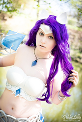 Size: 800x1200 | Tagged: safe, artist:gekkolilly, rarity, human, g4, bandeau, belly button, breasts, clothes, cosplay, costume, female, irl, irl human, jewelry, midriff, necklace, photo, solo, staff