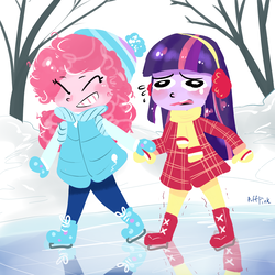 Size: 2300x2300 | Tagged: safe, artist:puffpink, pinkie pie, twilight sparkle, equestria girls, g4, bundled up for winter, cute, female, high res, ice skates, ice skating, lesbian, ship:twinkie, shipping, winter, winter outfit