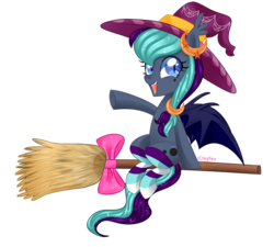Size: 4000x3600 | Tagged: safe, artist:kaikururu, oc, oc only, oc:witch hunt, bat pony, pony, bow, broom, clothes, female, flying, flying broomstick, mare, simple background, socks, solo, striped socks, transparent background, witch