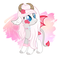 Size: 3592x3419 | Tagged: safe, artist:rish--loo, oc, oc only, oc:minxy bearheart, pony, succubus, bat wings, clothes, collar, flower, flower in hair, heart eyes, high res, horns, solo, stockings, thigh highs, wingding eyes