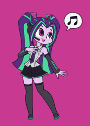 Size: 1071x1500 | Tagged: safe, artist:khuzang, aria blaze, equestria girls, g4, my little pony equestria girls: rainbow rocks, ariabetes, ariatsune miku, boots, clothes, crossover, cute, female, hatsune miku, headset, miniskirt, music notes, necktie, pigtails, pleated skirt, purple background, simple background, singing, skirt, sleeveless, smiling, socks, solo, thigh boots, thigh highs, thighs, twintails, vocaloid, when she smiles