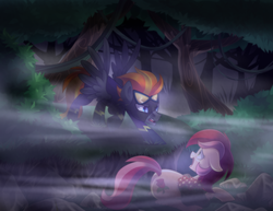 Size: 3500x2700 | Tagged: safe, artist:drawntildawn, roseluck, oc, earth pony, pegasus, pony, g4, clothes, costume, duo, female, fog, forest, high res, male, mare, shadowbolts, shadowbolts costume, stallion