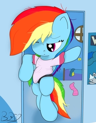 Size: 1977x2529 | Tagged: safe, artist:bronybehindthedoor, rainbow dash, pegasus, pony, g4, bed, chibi, clothes, female, mare, messy mane, morning ponies, one eye closed, panties, shirt, socks, solo, t-shirt, underwear