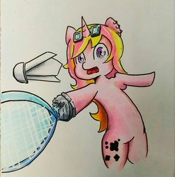 Size: 1584x1602 | Tagged: safe, artist:mr.candy_owo, oc, oc only, oc:evil, pony, badminton, marker drawing, racket, shuttlecock, simple background, traditional art, white background