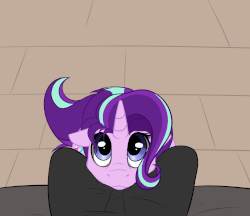 Size: 1732x1499 | Tagged: safe, artist:duop-qoub, starlight glimmer, human, pony, unicorn, g4, :3, animated, behaving like a dog, cute, female, floppy ears, gif, glimmerbetes, looking at you, looking up, mare, offscreen character, perfect loop, pet glimmer, pony pet, pov, puppy dog eyes, smiling, tail wag, weapons-grade cute