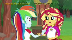 Size: 300x168 | Tagged: safe, edit, edited screencap, screencap, rainbow dash, sunset shimmer, comic:a new change, equestria girls, g4, my little pony equestria girls: legend of everfree, camp everfree outfits, fanfic, pregnant, pregnant edit, teen pregnancy, upset