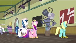 Size: 1920x1080 | Tagged: safe, screencap, princess cadance, royal riff, sassaflash, shining armor, pony, a flurry of emotions, g4, art exhibition, modern art, sculpture, shield, traditional art