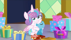 Size: 914x512 | Tagged: safe, screencap, princess flurry heart, pony, a flurry of emotions, g4, baby, cloth diaper, diaper, discovery family logo, female, growling, present, pretending to be a bear, safety pin, solo, twilight's castle