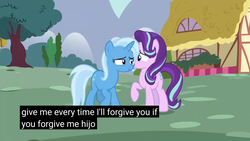 Size: 2560x1440 | Tagged: safe, screencap, starlight glimmer, trixie, pony, all bottled up, g4, female, forgiveness, male, meme, mother and son, ponyville, spanish, youtube caption