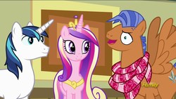 Size: 1920x1080 | Tagged: safe, screencap, princess cadance, shining armor, spearhead, alicorn, pegasus, pony, unicorn, a flurry of emotions, g4, clothes, female, male, mare, scarf, spread wings, stallion, trio, wings