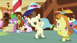 Size: 1920x1080 | Tagged: safe, screencap, pound cake, princess flurry heart, pumpkin cake, spike, dragon, pony, a flurry of emotions, g4, angry, baby, baby pony, cake twins, colt, diaper, discovery family logo, female, fight, filly, foal, male, siblings, toy, twins, worried