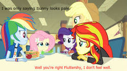 Size: 300x168 | Tagged: safe, edit, edited screencap, screencap, applejack, fluttershy, rainbow dash, rarity, sunset shimmer, comic:a new change, equestria girls, g4, my little pony equestria girls: rainbow rocks, black text, cafeteria, hardly visible text, pale, picture for breezies, red text