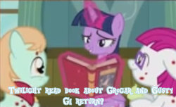 Size: 575x349 | Tagged: safe, edit, edited screencap, screencap, grogar (g1), gusty, gusty the great, little red, peach fuzz, twilight sparkle, alicorn, pony, a flurry of emotions, g1, g4, background pony, female, filly, foreshadowing, glowing horn, hilarious in hindsight, horn, horsey hives, levitation, magic, magic aura, mare, needs more jpeg, ponyville hospital, telekinesis, twilight sparkle (alicorn)