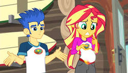 Size: 298x169 | Tagged: safe, edit, edited screencap, screencap, flash sentry, sunset shimmer, comic:a new change, equestria girls, g4, my little pony equestria girls: legend of everfree, bad edit, camp everfree outfits, fanfic, female, male, pregnant, pregnant edit, ship:flashimmer, shipping, straight, teen pregnancy
