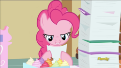 Size: 914x512 | Tagged: safe, screencap, pinkie pie, earth pony, pony, a flurry of emotions, g4, discovery family logo, female, mare, paper, solo, stack