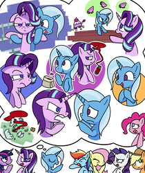 Size: 2000x2380 | Tagged: safe, artist:kemofoo, applejack, fluttershy, pinkie pie, rainbow dash, rarity, starlight glimmer, teacup poodle, trixie, twilight sparkle, alicorn, pony, all bottled up, anger magic, cinnamon nuts, cup, floppy ears, food, magic, mane six, teacup, that pony sure does love teacups, trixie's puppeteering, twilight sparkle (alicorn)